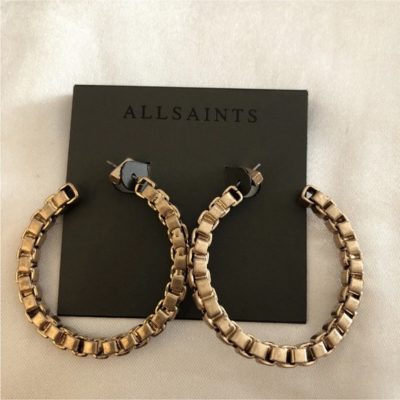 ALLSAINTS Gold Tone C-Shaped Link Chain Hoop Earrings NWT - Picture 2 of 12